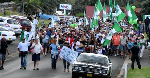 Pictured: The Norfolk Island community protests against its bureaucratic annexation.