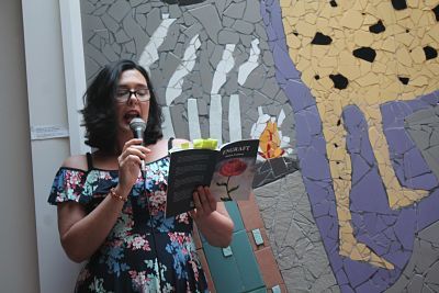 Pictured: A poet performing at the Girls on Key launch.
